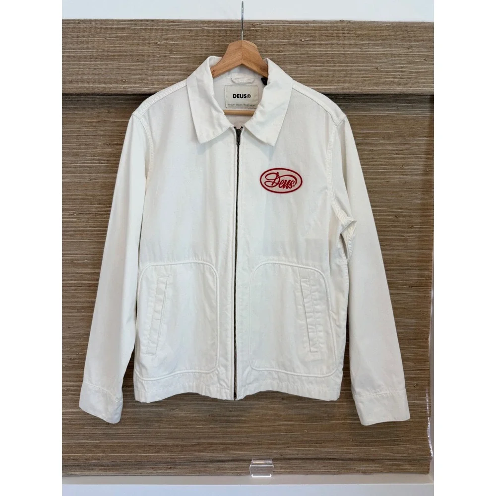 Deus Ex Machina Gulf Drizzler Jacket White Red Embroidered Moto Mechanic - S